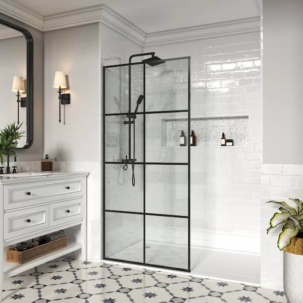 36 in. W x 76 in. Fixed Single Panel Frameless Shower Door Shower Screen in Matte Black Grid with Easy-Clean 10mm Glass