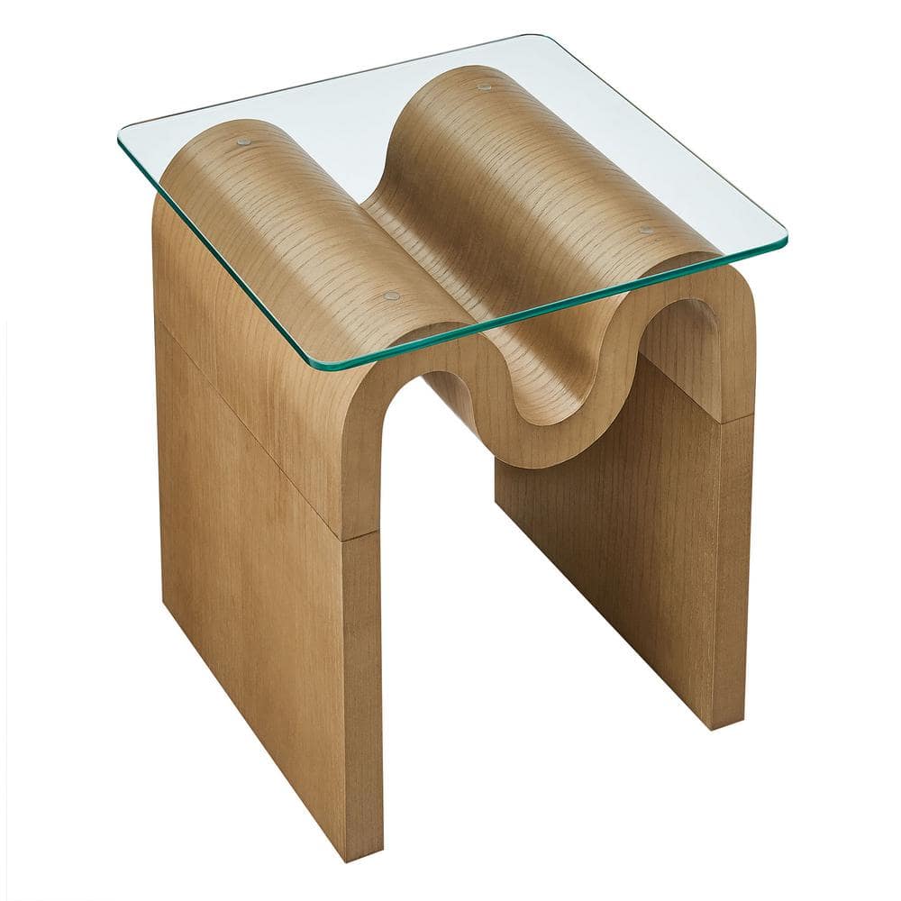 Natural Ash Veneer Wave Base Glass Top Side Table