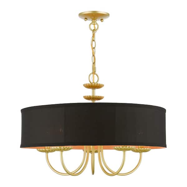 AVIANCE LIGHTING Laurelcrest 5-Light Soft Gold Pendant with Black Fabric Shade and Orange Fabric Inside