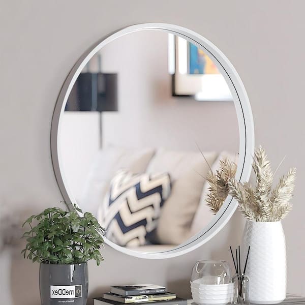 White 24 in. W x 24 in. H Farmhouse Round Wood Framed Wall Mirror