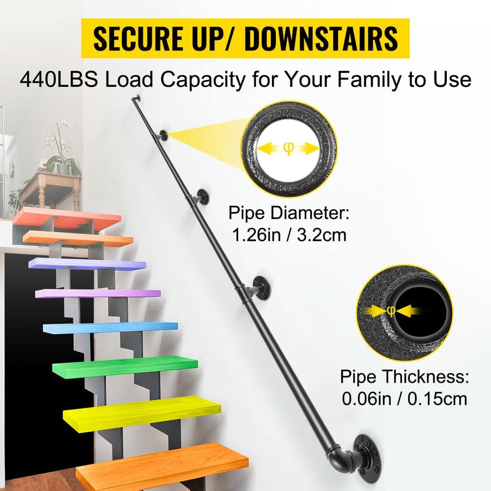 Black PVC and Stainless Steel Stair Handrail, 39.37 in