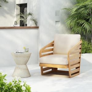 Venteb Teak Finish Acacia Wood Patio Outdoor Lounge Chair with Beige Cushion, Slat Back