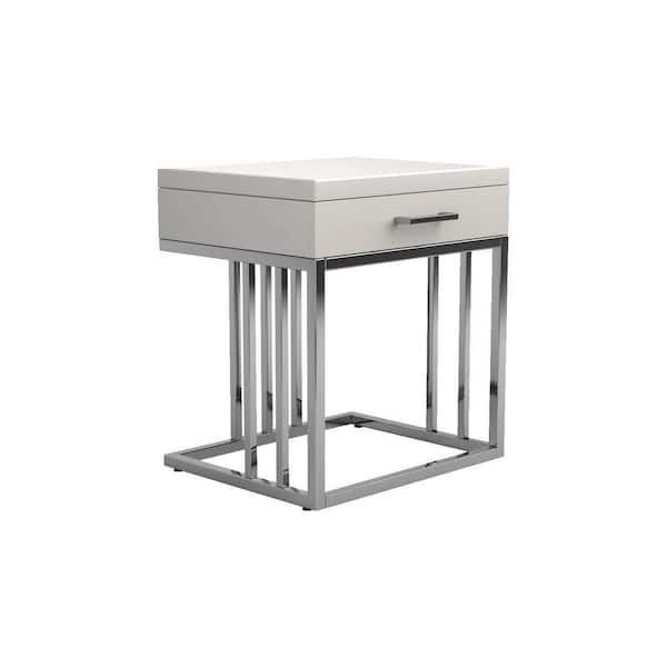 Benjara 22 in. White and Silver Rectangle Wood End Table with 1-Drawer