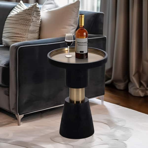 Black 15 in. Round Mango Wood and Metal End Table with Sculptural Base