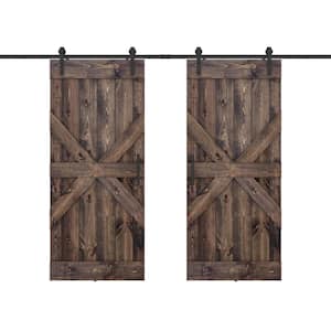 Mid X 60 in. x 84 in. Fully Set Up Dark Brown Finished Pine Wood Sliding Barn Door with Hardware Kit