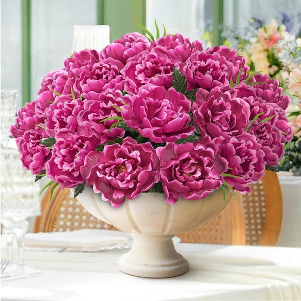 LIVING LUXURY 14 in. Fuchsia Pink Artificial Open Peony Flower