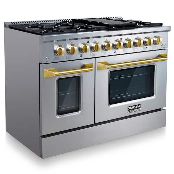 jogger Enzovoorts apotheker JANSKA Professional 48 in. 6.7 cu. ft. 8-Burners Double Oven Gas Range w/  Griddle in Stainless Steel with Gold Knobs and Handle GR-670 G - The Home  Depot