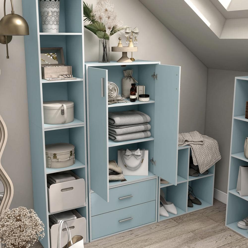 Light Blue Stackable Wood Kids Cabinet with Doors