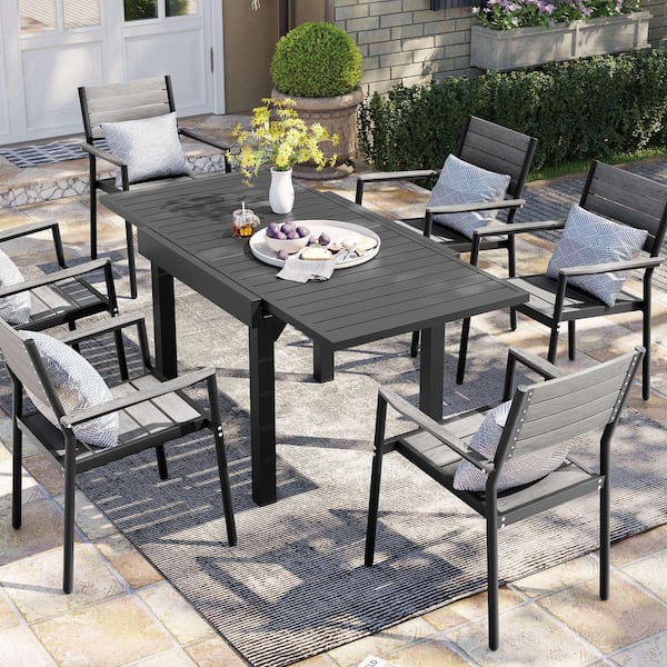 Pellebant 7-Piece Aluminum Patio Outdoor Dining Set Rectangle Extendable Table and Arms Stacking Wood-Like Chairs, Gray