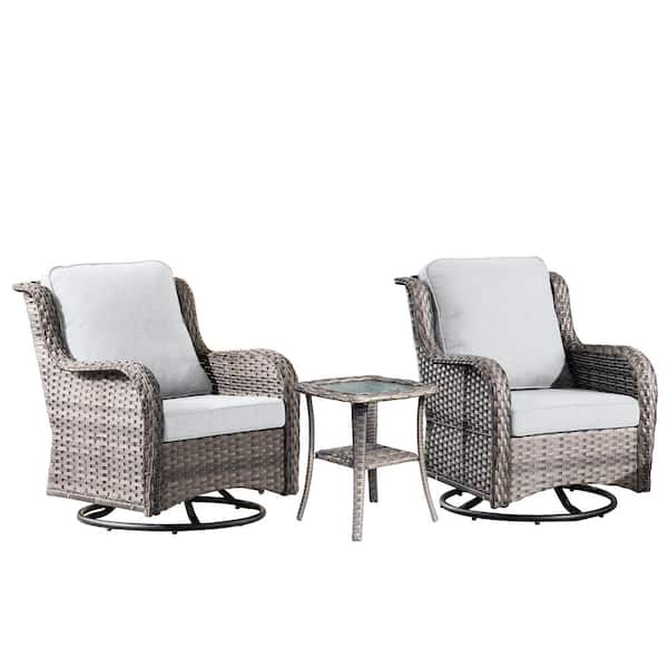 Moonlight Gray 3-Piece Wicker Patio Conversation Seating Sofa Set with Gray Cushions and Swivel Rocking Chairs