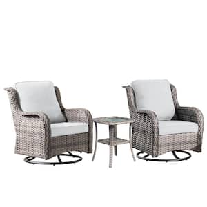 Moonlight Gray 3-Piece Wicker Patio Conversation Seating Sofa Set with Gray Cushions and Swivel Rocking Chairs