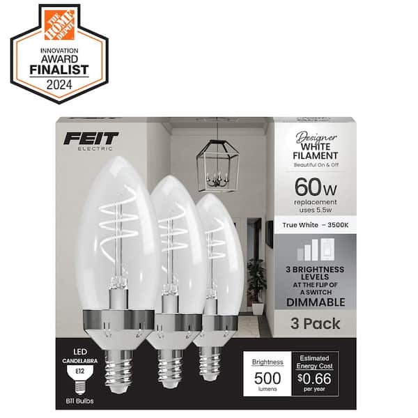 60W Equivalent B11 E12 Candelabra Switch to Dim White Filament Clear Chandelier LED Light Bulb True White 3500K (3-Pack)