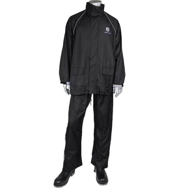 John Deere Men s X Large Black Polyurethane Coated Polyester Waterproof 2 Piece Rain Suit with 2 in. Storm Flap JD44520 XL The Home Depot