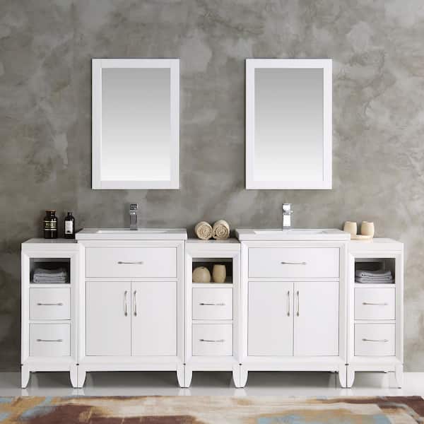 Cambridge 84 in. Vanity in White with Porcelain Vanity Top in White with White Ceramic Basins and Mirror