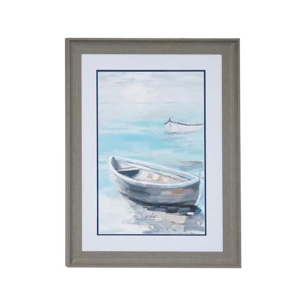 Litton Lane 17.5 in. x 23.5 in. Blue and Gray Coastal Decor Row Boat Painting Print in a Rectangular Gray Wood Frame