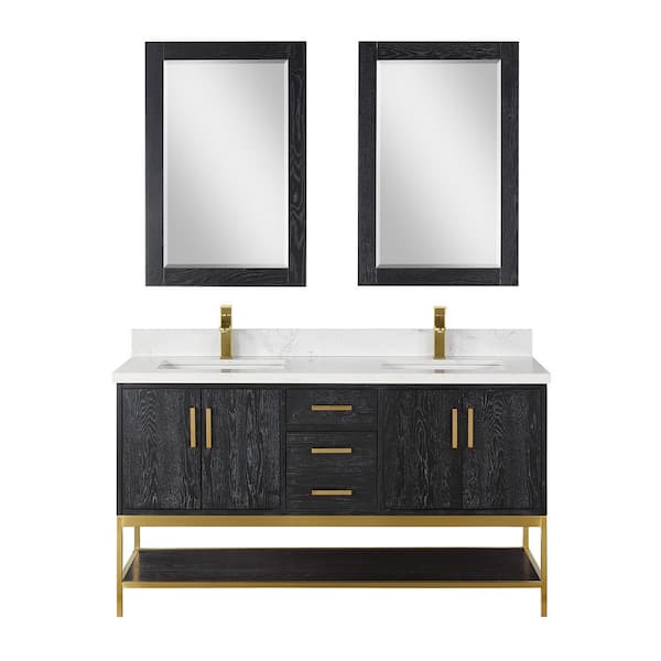 Altair Wildy 60 in. W x 22 in. D x 34 in. H Double Sink Bath Vanity in Black Oak with White Composite Stone Top and Mirror