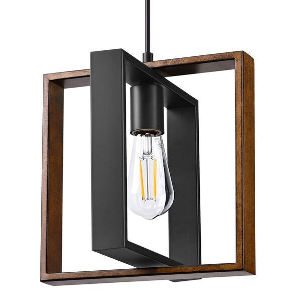 Edishine 60 Watt 1 Light Farmhouse Shaded Pendant Light With Wood Grain And Black Finish Shade