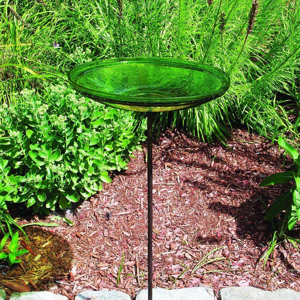 Fern Green Hand Blown Glass Birdbath with Stake
