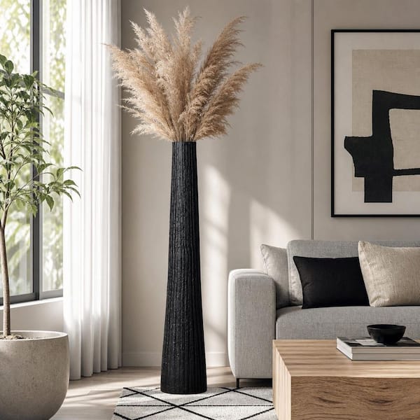 58 in. Black Metal Cylinder Ribbed Textured Finish Floor Vase