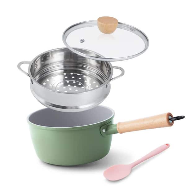4-Piece 2 qt. Non-Stick Green Ceramic Sauce Pan with Wooden Handle, Steamer and Lid for Gas, Electric and Induction