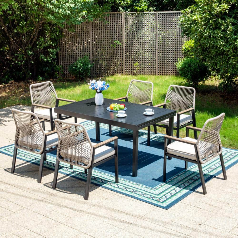 7-Piece Black Metal Patio Outdoor Dining Set with Expandable Rectangle Table and Woven Rope chair with Beige Cushions price history on PriceWatchPro