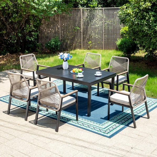 7-Piece Black Metal Patio Outdoor Dining Set with Expandable Rectangle Table and Woven Rope chair with Beige Cushions