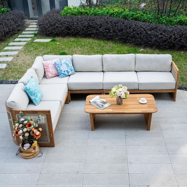 5-Piece Outdoor Patio Conversation Set with Deep Seating and Coffee Table, Solid Wood Frame