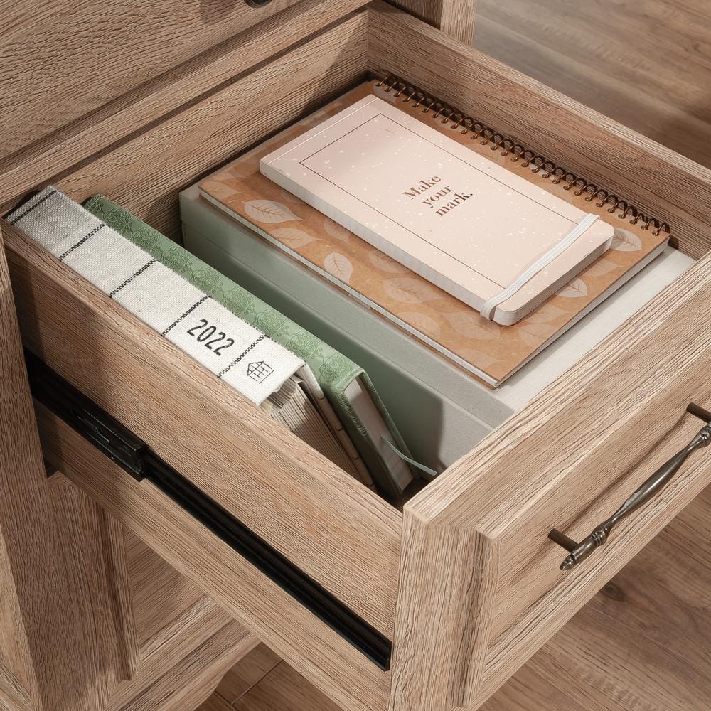 Brushed Oak L-Shaped Executive Desk with Drawers and Keyboard Tray