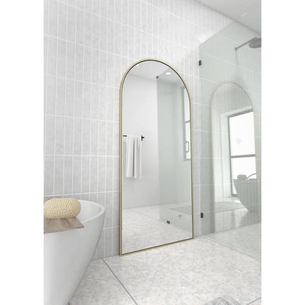 30 in. x 67 in. Arch Leaner Dressing Stainless Steel Framed Wall Mirror in Satin Brass