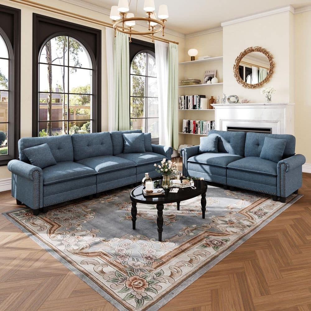 113.8 in. Roll Arm 5-Seat Linen-like Fabric Modular Sectional Sofa in Blue with Throw Pillows