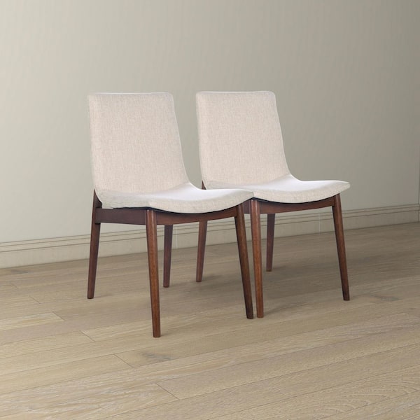 Noble House Gerald Mid-Century Modern Beige and Brown Upholstered Dining Chair, Solid Wood Legs (Set of 2)