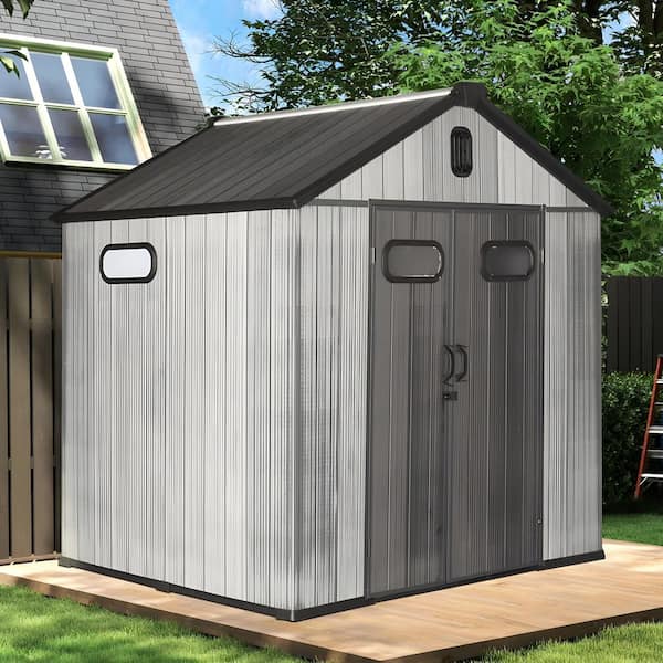 Gray 8 x 8 ft. Heavy-Duty Resin Outdoor Tool Storage Shed with Lockable Door, Windows and Vents(64 sq.ft)