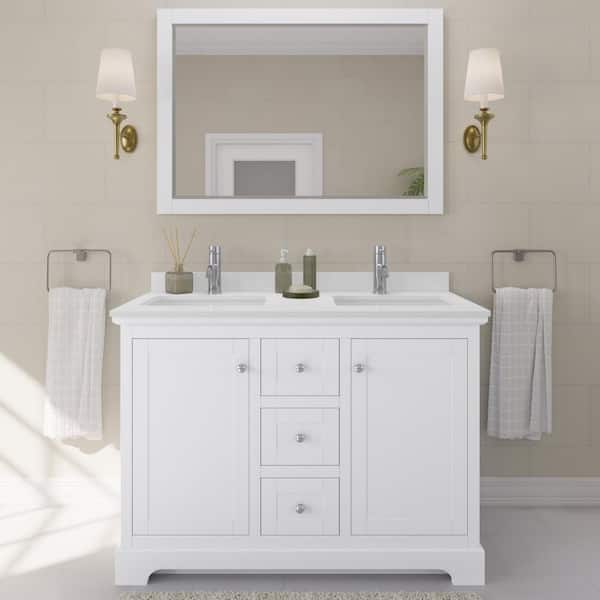 Wyndham Collection Avery 48 in. W x 22 in. D Double Vanity in White with Cultured Marble Vanity Top in White with White Basins