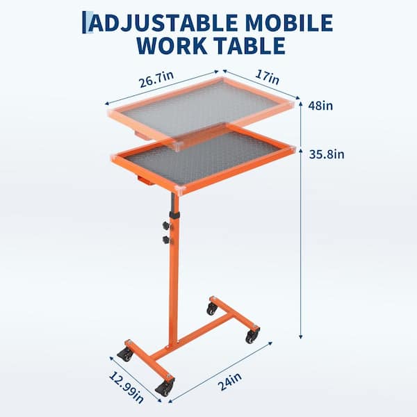 Adjustable Mobile Work Table,220‑lb Steel Tray,Wheels‑Equipped Utility Cart,for Garage,Mechanic,Auto Repair & DIY