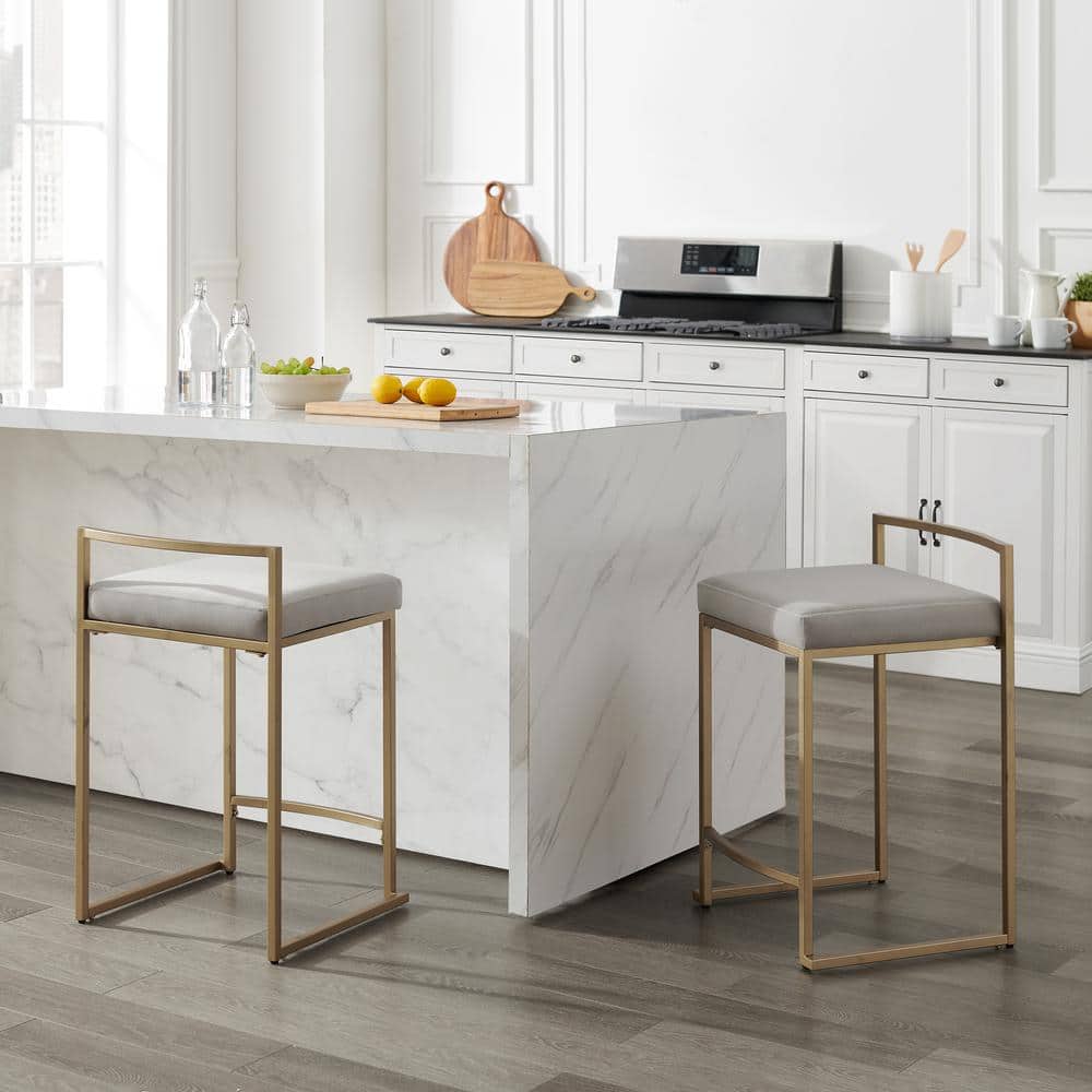 Harlowe Modern Gray Leather & Gold Metal Counter Stools, Set of 2