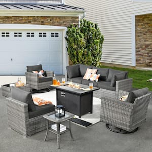 Harlotte 9-Piece Wicker Patio Rectangular Fire Pit Set with Black Cushions and Swivel Rocking Chairs