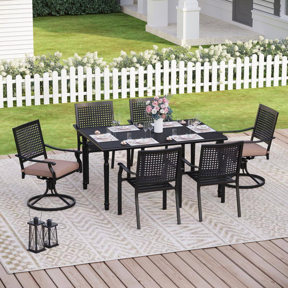 PHI VILLA Black 7-Piece Metal Outdoor Dining Set with Black Frame Slat ...