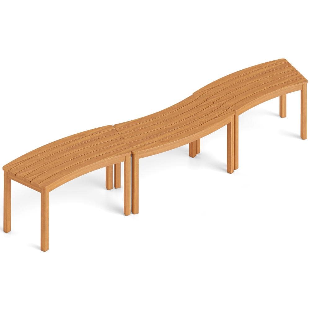 Set of 3 Curved Acacia Wood Outdoor Benches for Fire Pit Seating, Natural