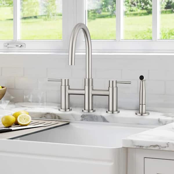 Deck Mount Double Handle Bridge Kitchen Faucet with Side Spray in Brushed Nickel
