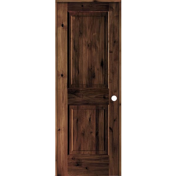 Krosswood Doors 28 in. x 80 in. Rustic Knotty Alder 2 Panel Left Hand Red Mahogany Stain Wood Single Prehung Interior Door w/Square Top
