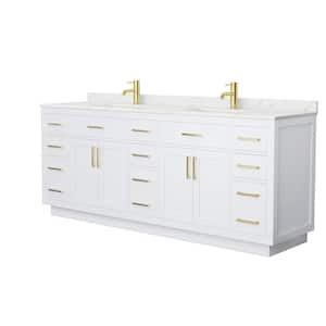 Beckett TK 84 in. W x 22 in. D x 35 in. H Double Sink Bath Vanity in White with Brushed Gold Trim Giotto Quartz Top