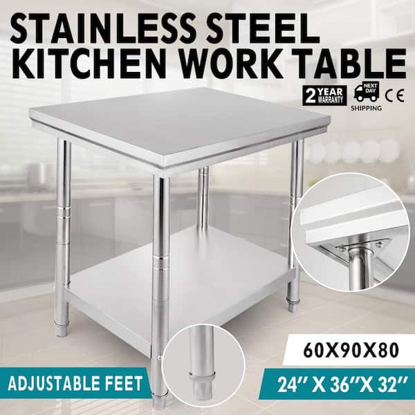 Stainless Steel Prep Table 35 x 24 x 31 in. 700 lbs. Silver Heavy Duty Metal Worktable with 3 Adjustable Height Levels