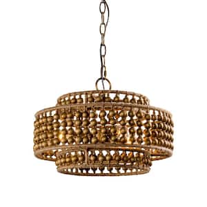 3-Light Antique Gold Boho-chic Drum Wood Beaded Chandelier with Rope Accents