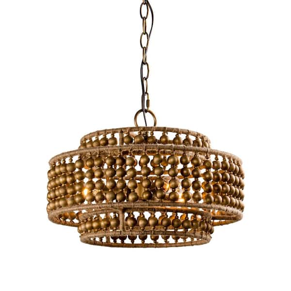 Parrot Uncle 3-Light Antique Gold Boho-chic Drum Wood Beaded Chandelier with Rope Accents
