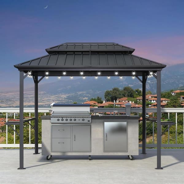 6.5 ft. x 10 ft. Hardtop Grill Gazebo for Patio Aluminum Barbecue Shelter Gazebo, Hooks,Shelves Double Tiered 24-Lights