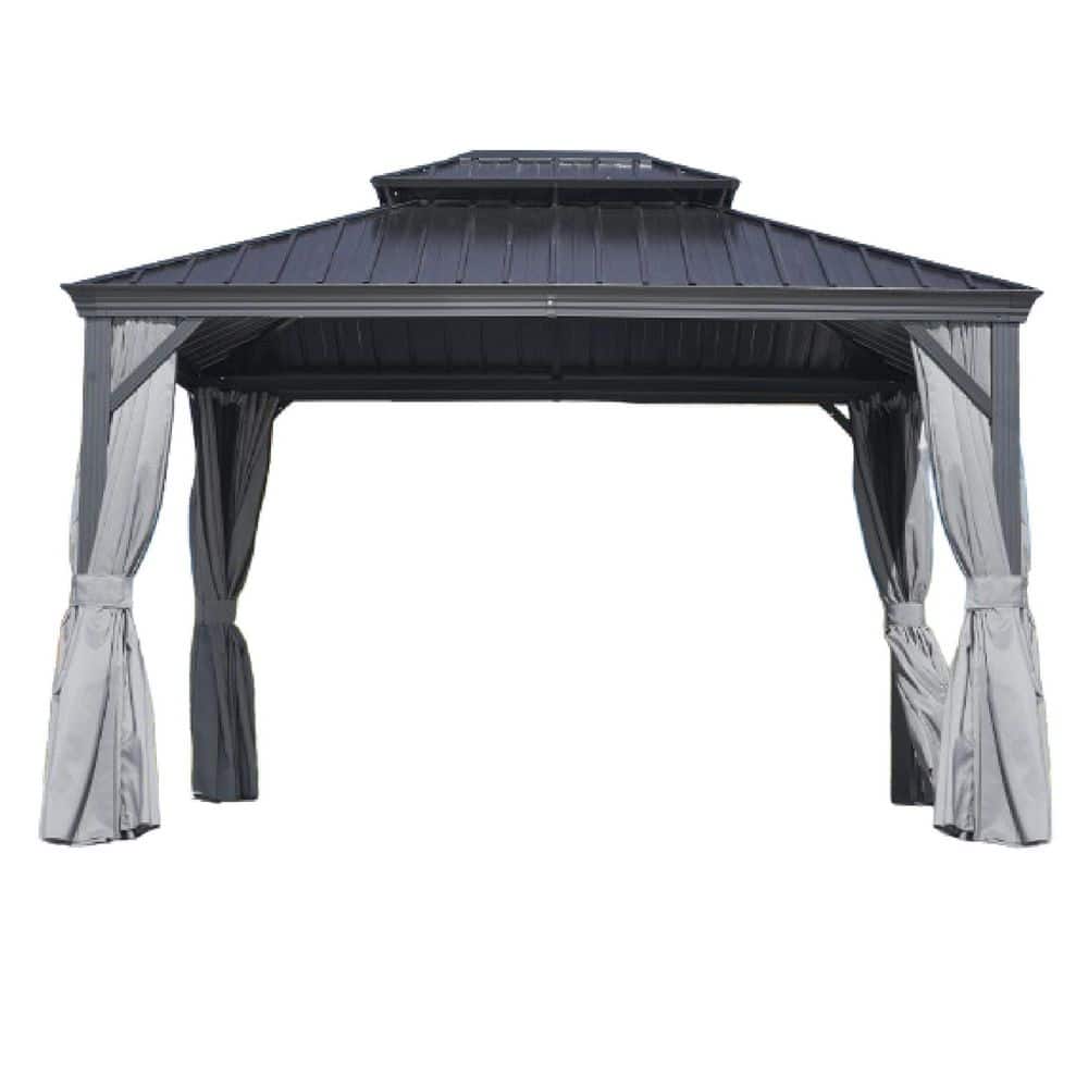 12 ft. x 16 ft. Outdoor patio Hardtop Gazebo with Curtain, Galvanized Steel