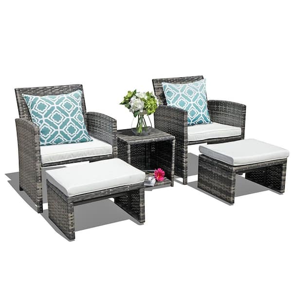 5-Piece Wicker Grey Outdoor Patio Conversation Set with Ottomans and Side Table, White Cushions