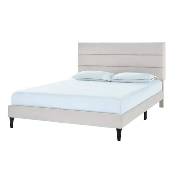 HMidea Horizontally Channeled Queen Upholstered Platform Bed in Light Gray