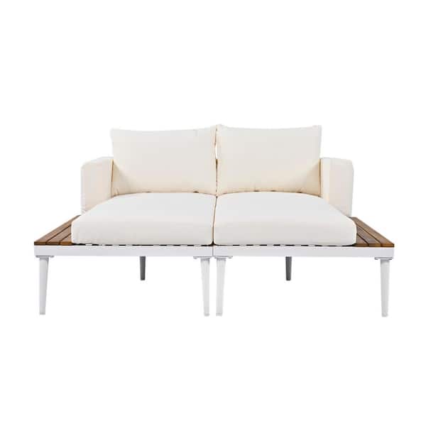 Unbranded White Metal Outdoor Chaise Lounge with Wood Side Spaces and Beige Cushions