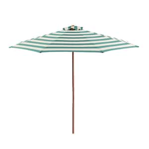 9 ft. Wood Market Patio Umbrella in Soft Teal and Ivory Stripe Solution Dyed Polyester